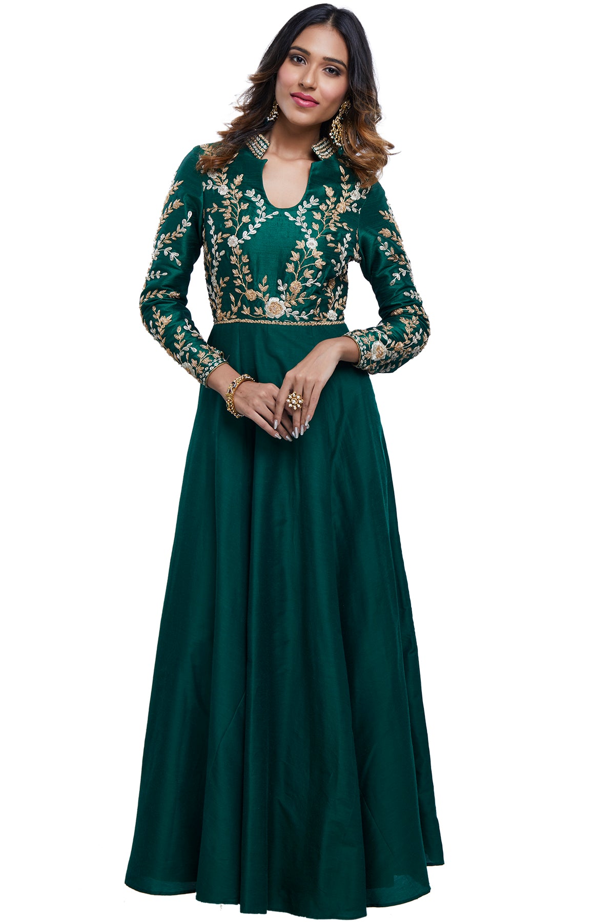 Bottle Green Embroidered Georgette Gown with Dupatta